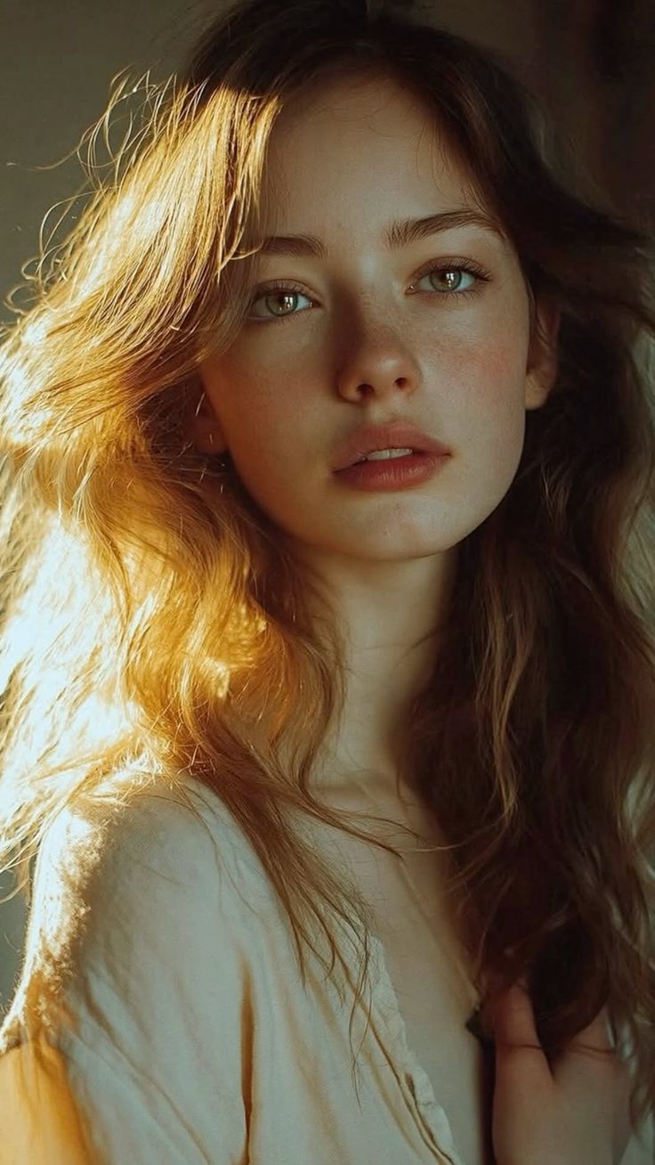 Close-up portrait of a young woman with long hair and freckles, bathed in warm backlight