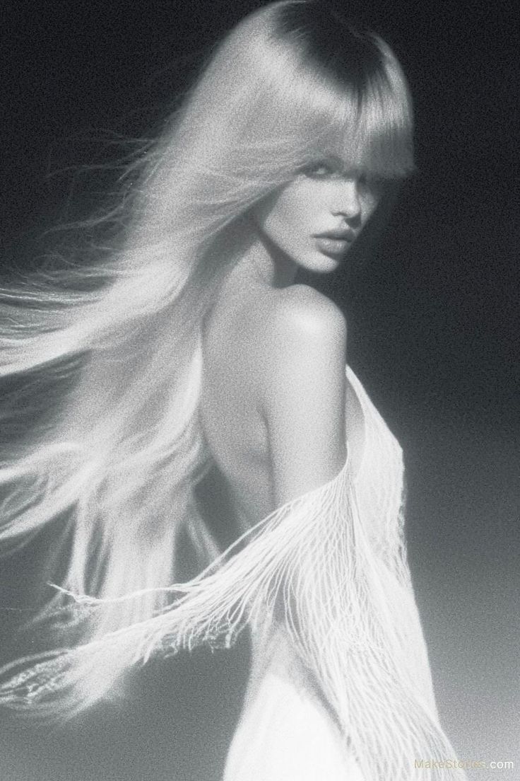 Woman with long blonde hair and a fringe dress in a monochrome portrait