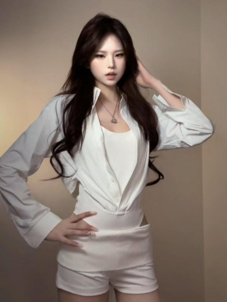 Woman with long dark hair wearing a white shirt and shorts with exposed skin