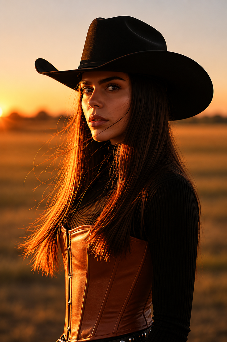 Woman in a cowboy hat and brown corset at golden hour