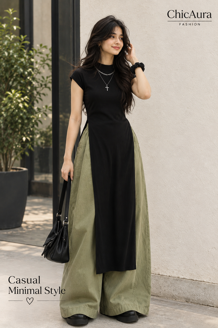 Woman with long hair wearing a black top and wide leg pants outdoors