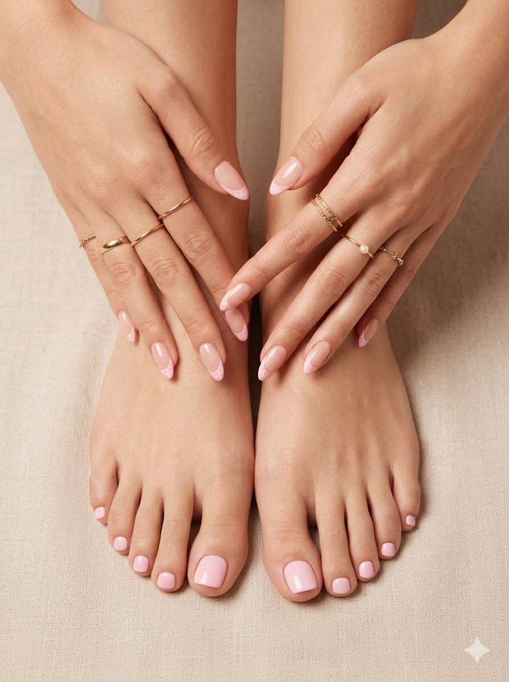 Manicured hands with gold rings and pedicured feet with pink nails