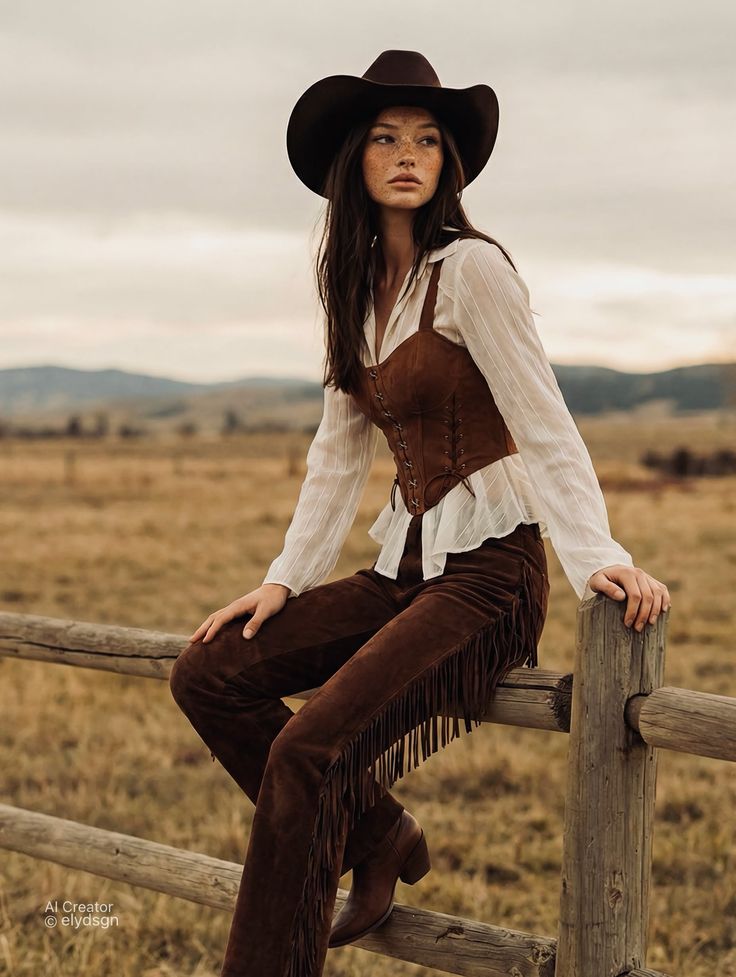 Woman in a cowboy hat and suede outfit sitting on a wooden fence in the countryside