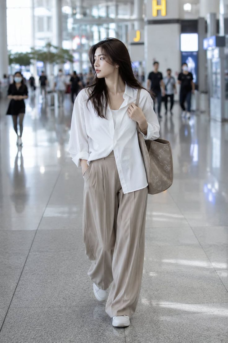 Woman in a white shirt and wide leg pants walking through an airport