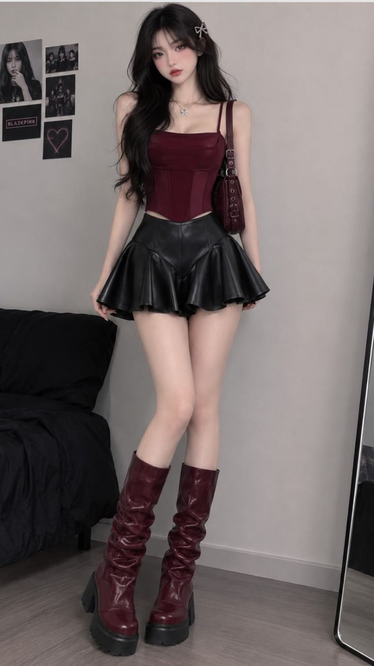Woman in a burgundy corset and black leather skirt with knee high boots
