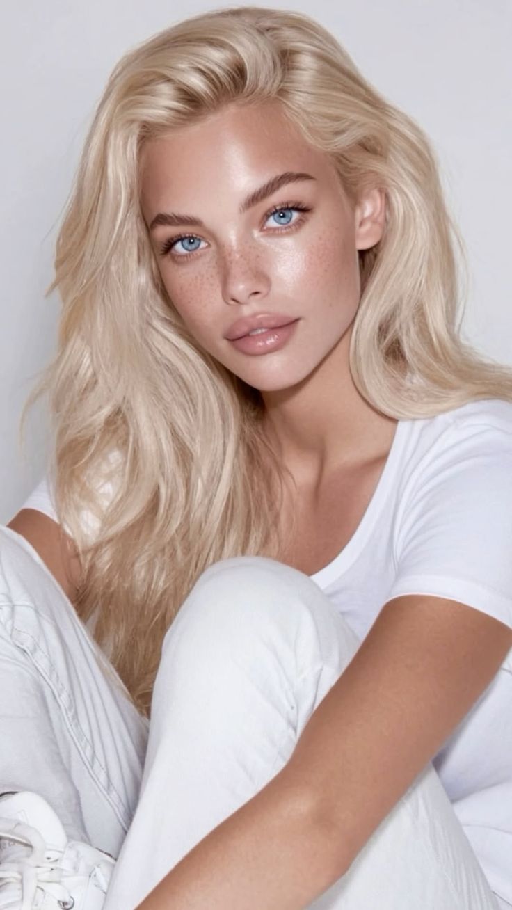 Woman with blonde hair and blue eyes wearing a white t-shirt