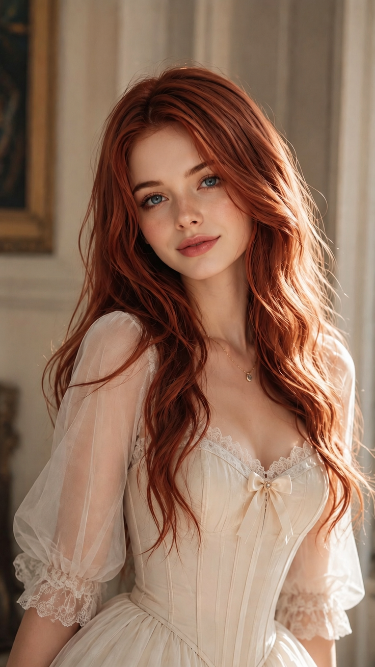Woman with long red hair and blue eyes wearing a corset dress with lace trim