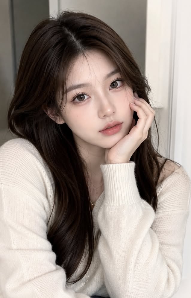 Woman with long brown hair wearing a white sweater, posing indoors