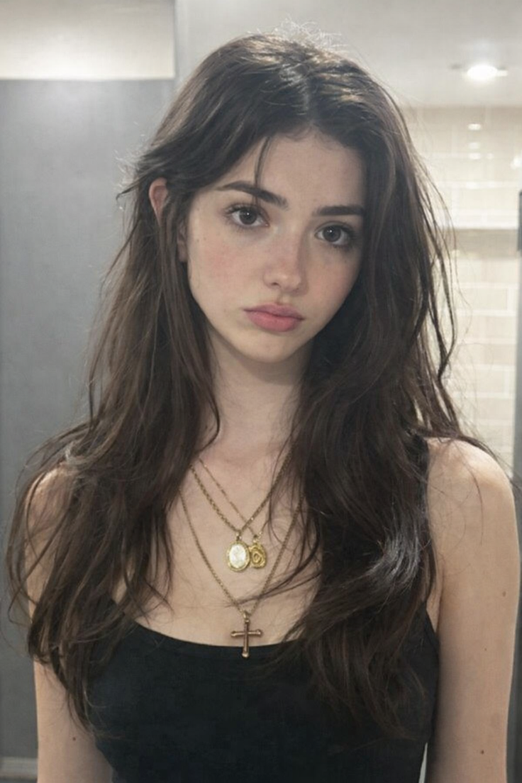 Woman with long dark hair wearing a black tank top and layered necklaces