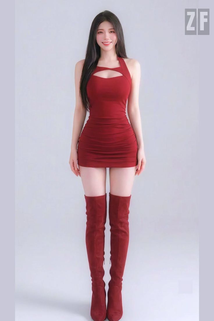 Woman in a red dress and thigh-high boots posing in a studio
