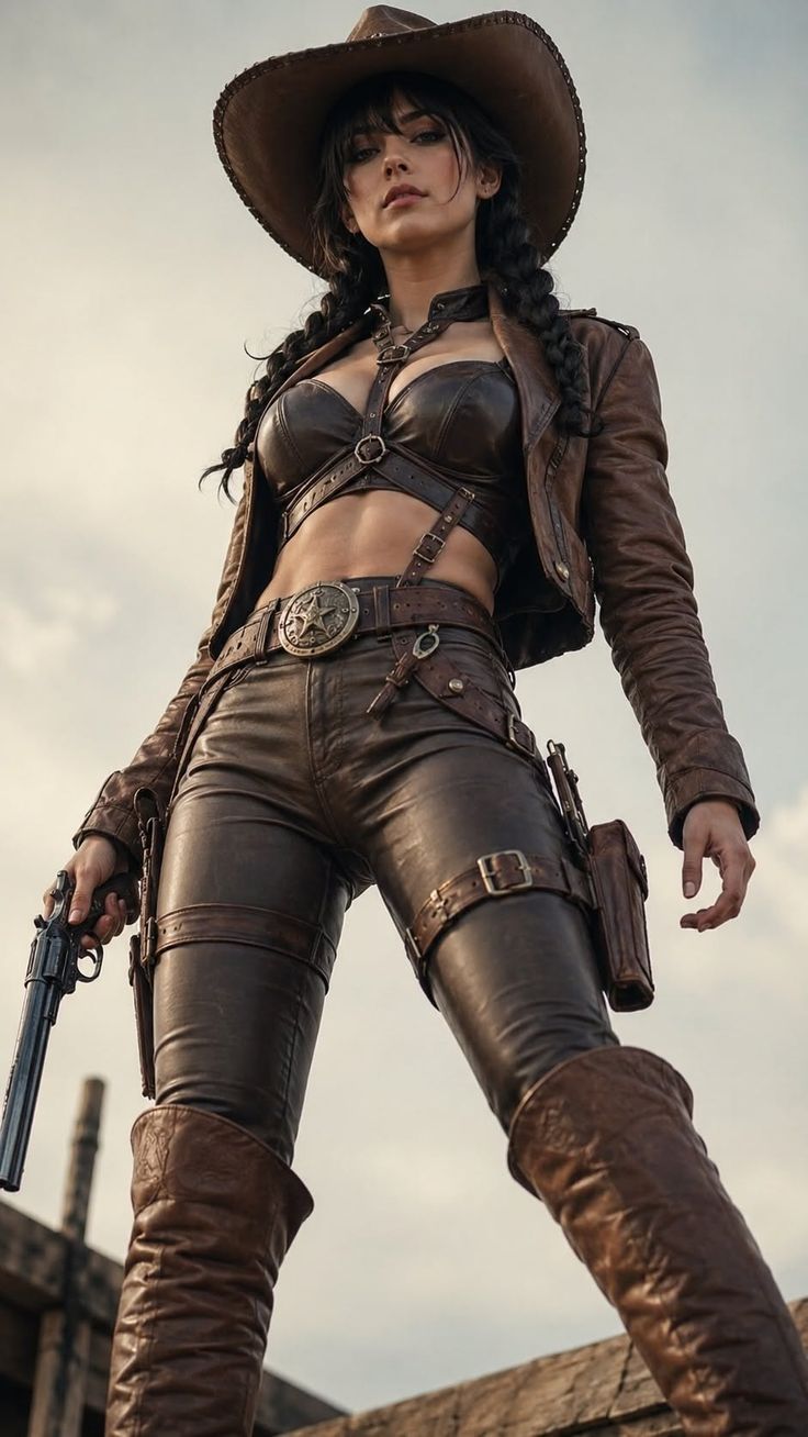 Woman in a leather cowgirl outfit holding a revolver, viewed from a low angle