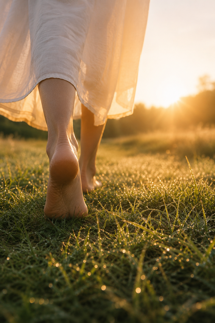 Person walking barefoot in a long dress on dewy grass at golden hour