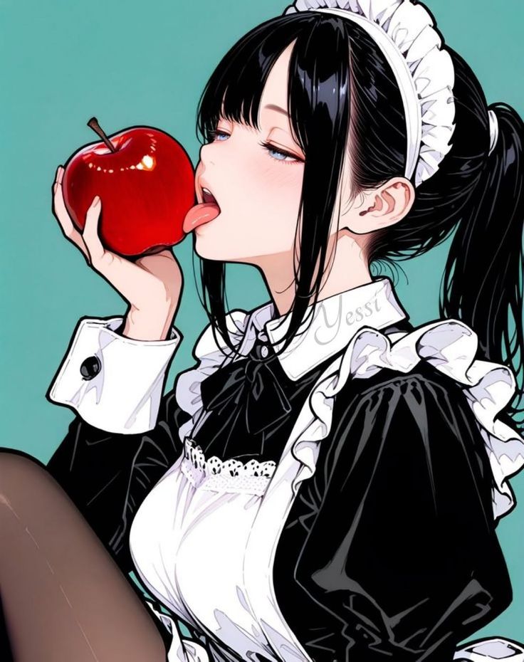 Anime girl in a maid outfit licking a red apple