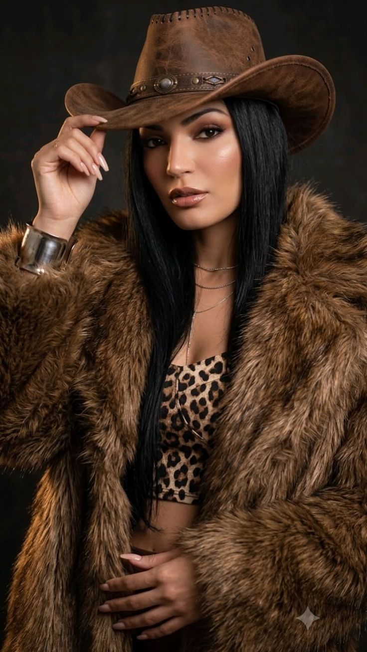 Woman in a cowboy hat and fur coat with a leopard print top