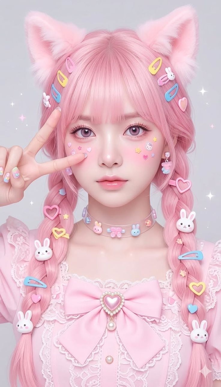 Girl with pink hair, cat ears, and braids in a kawaii style