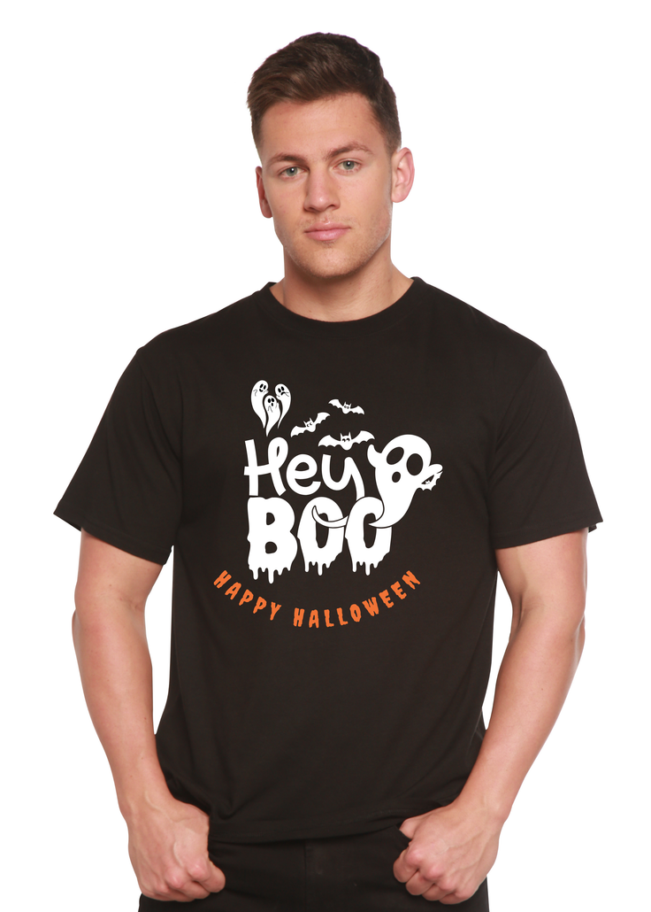 Man in a black t-shirt with a 'Hey Boo Happy Halloween' graphic