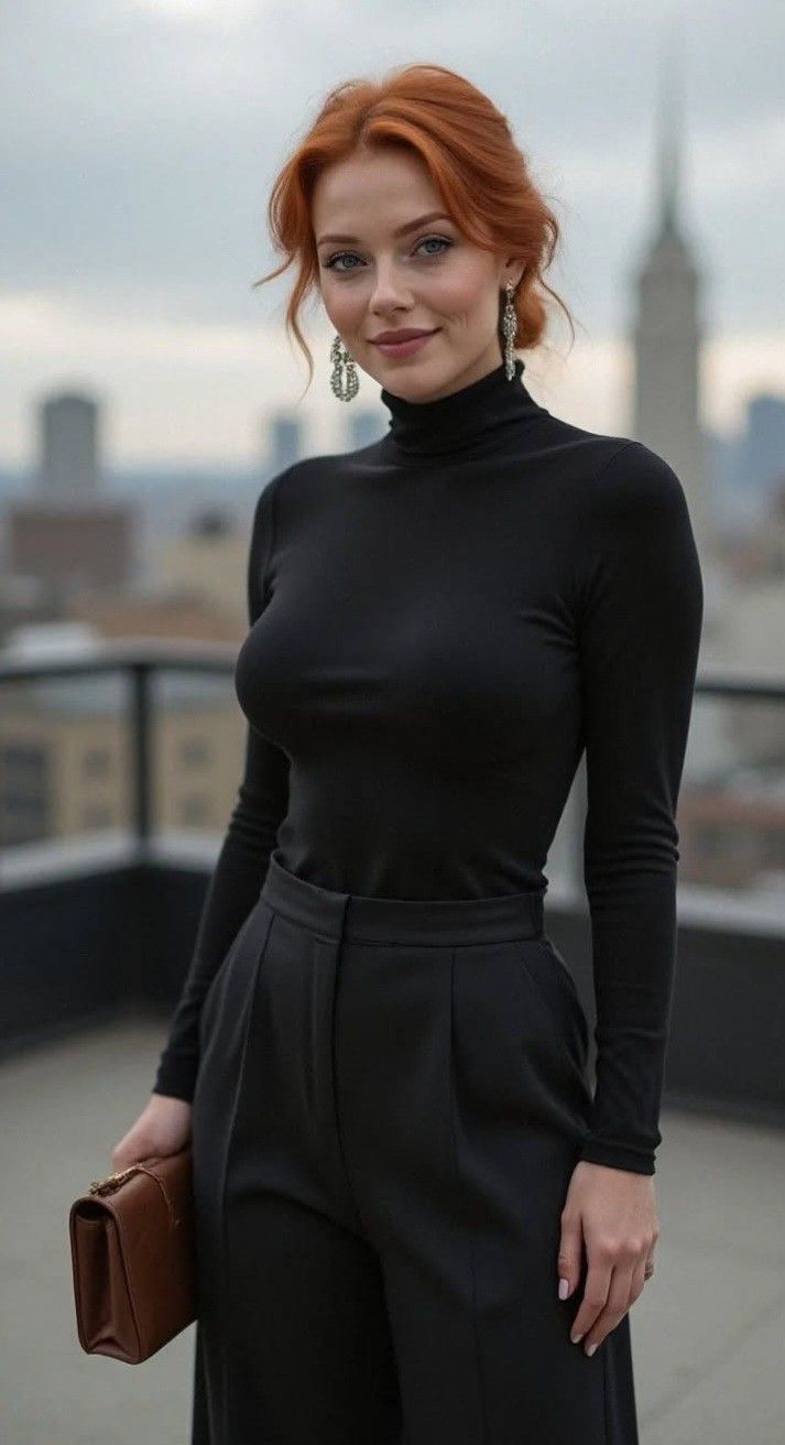 Woman with red hair in a black turtleneck and pants on a rooftop