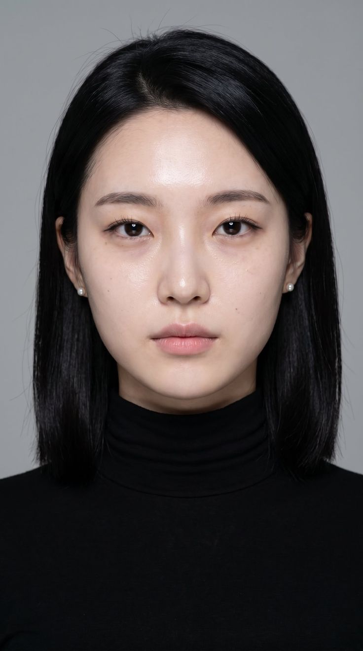 Woman with black hair and a black turtleneck in a studio portrait