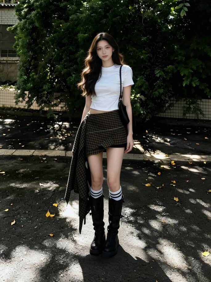 Woman with long hair wearing a crop top and plaid skirt with knee-high boots outdoors