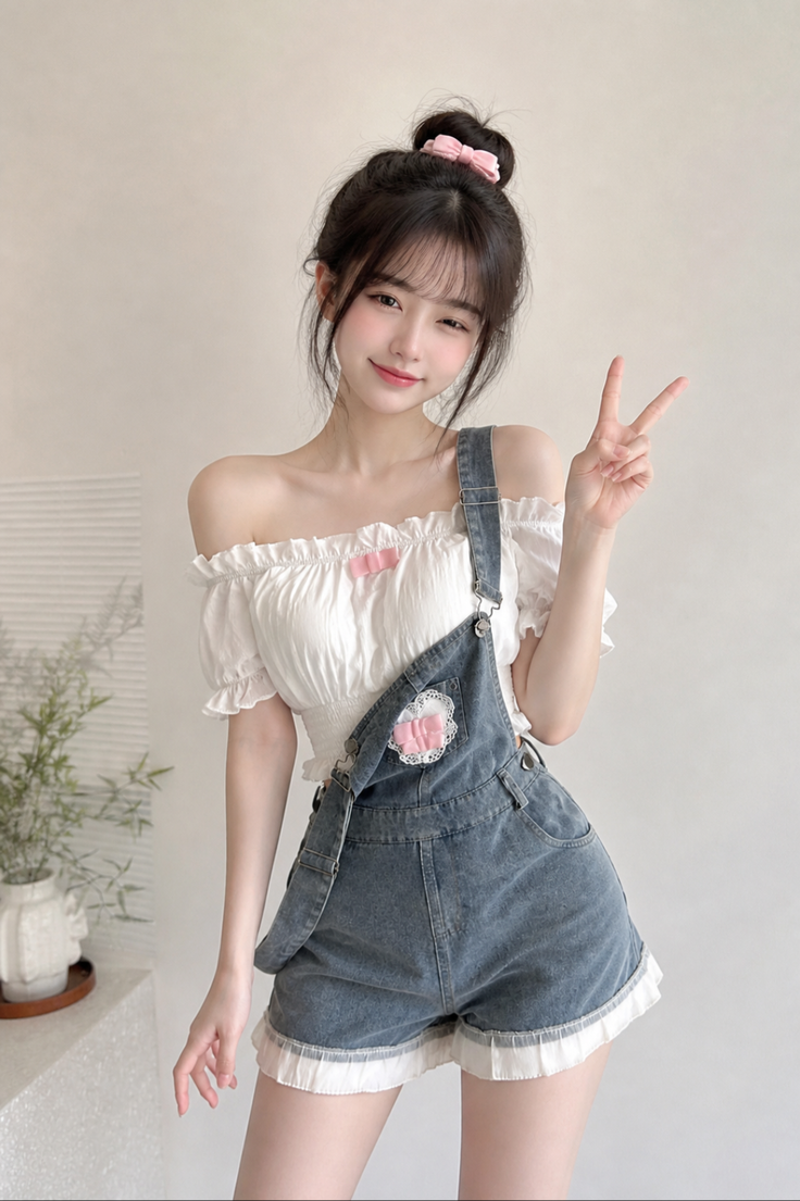 Woman in denim overalls and an off-shoulder top making a peace sign