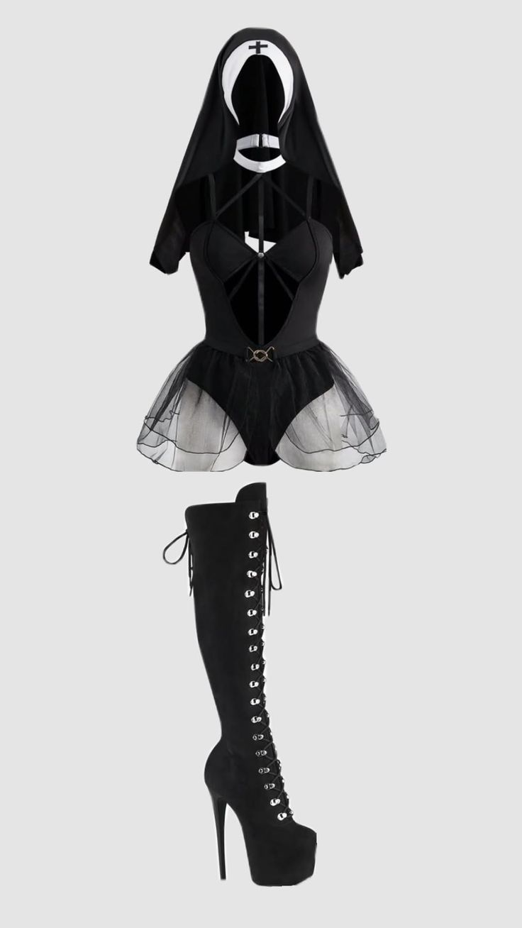 Black nun-themed costume with a bodysuit, tulle skirt, and thigh-high boots