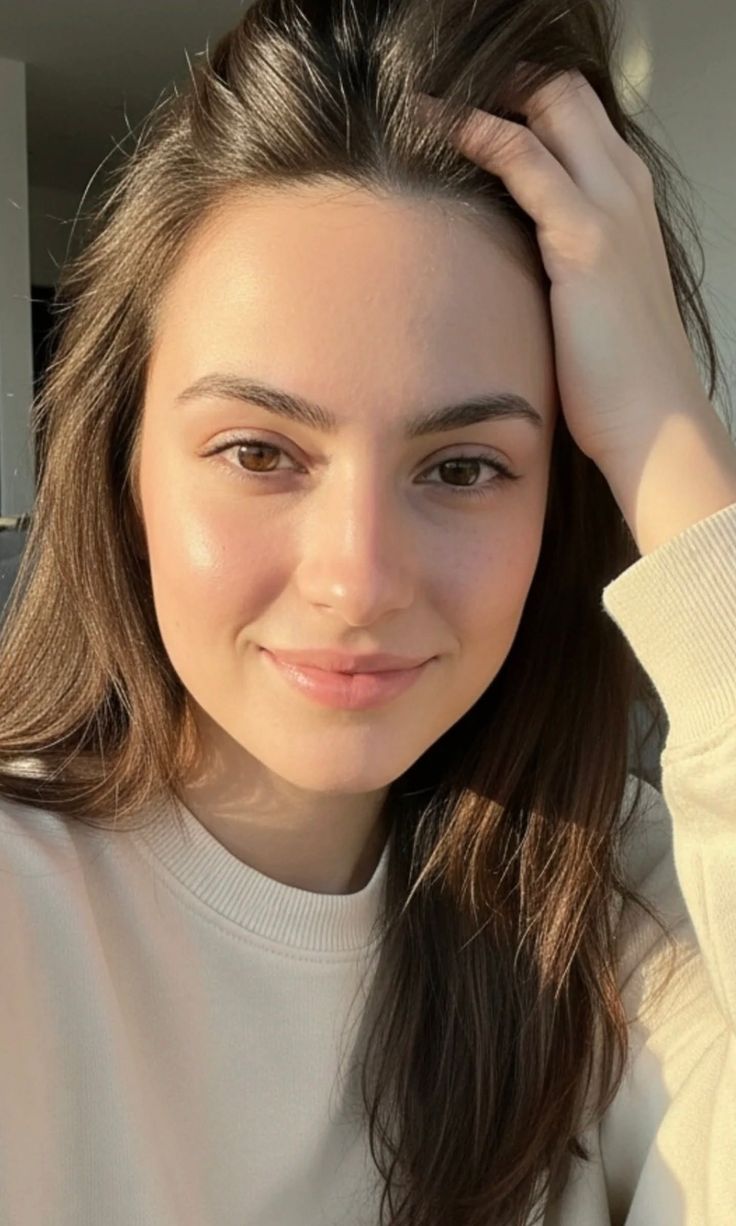 Woman with long brown hair in a white sweatshirt, smiling at the camera
