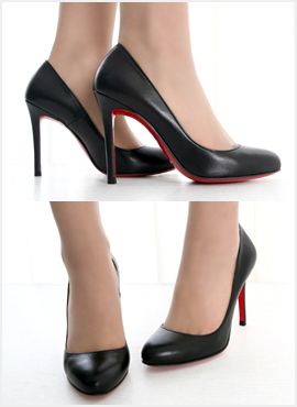 Pair of black high heels with red soles shown from different angles