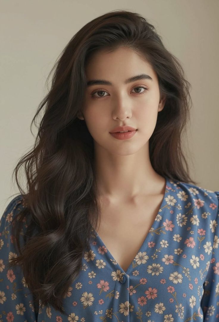 Woman with long dark hair wearing a blue floral print dress