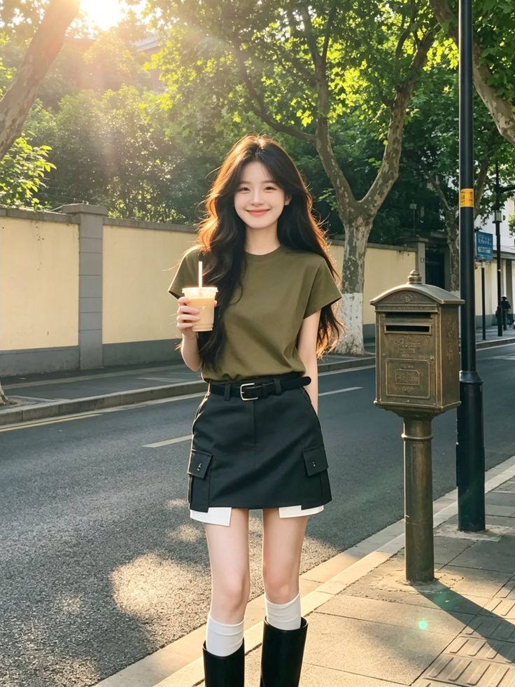 Woman with long hair in a mini skirt holding a drink on a sunlit street