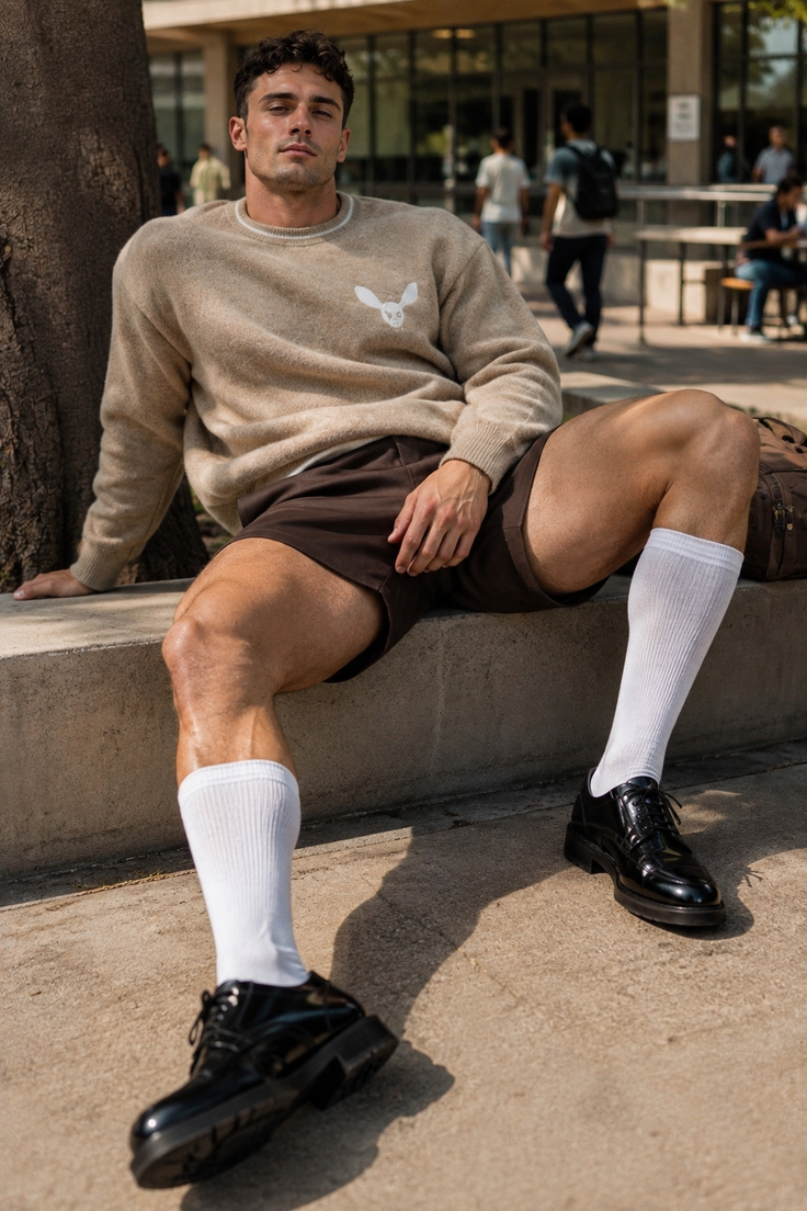 Man with short hair and muscular legs sitting outdoors in daylight