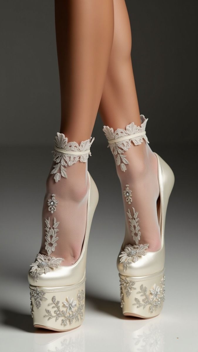 Legs wearing white embroidered lace socks and platform high heels
