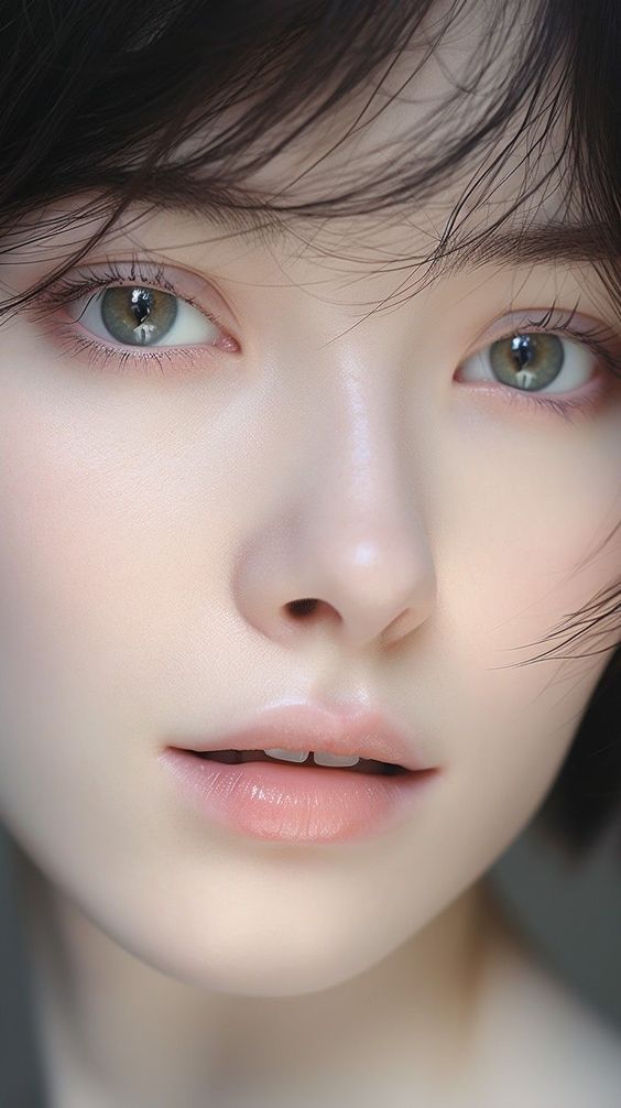 Close up of a person with short dark hair and green eyes