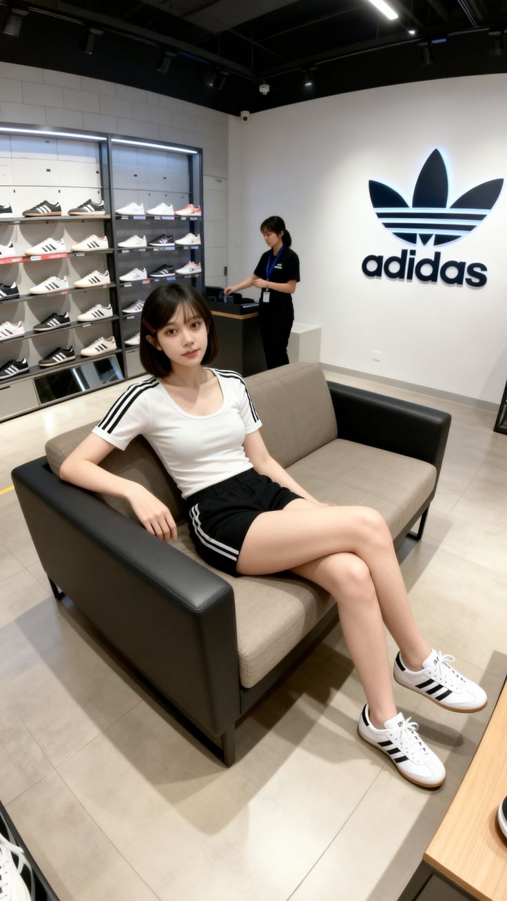 Woman with short hair sitting on a couch in an Adidas store