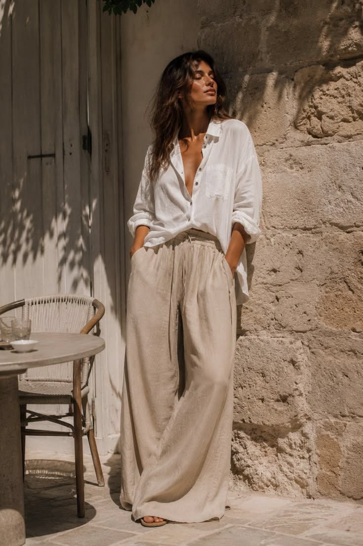 Woman in a white shirt and wide leg pants leaning against a stone wall outdoors