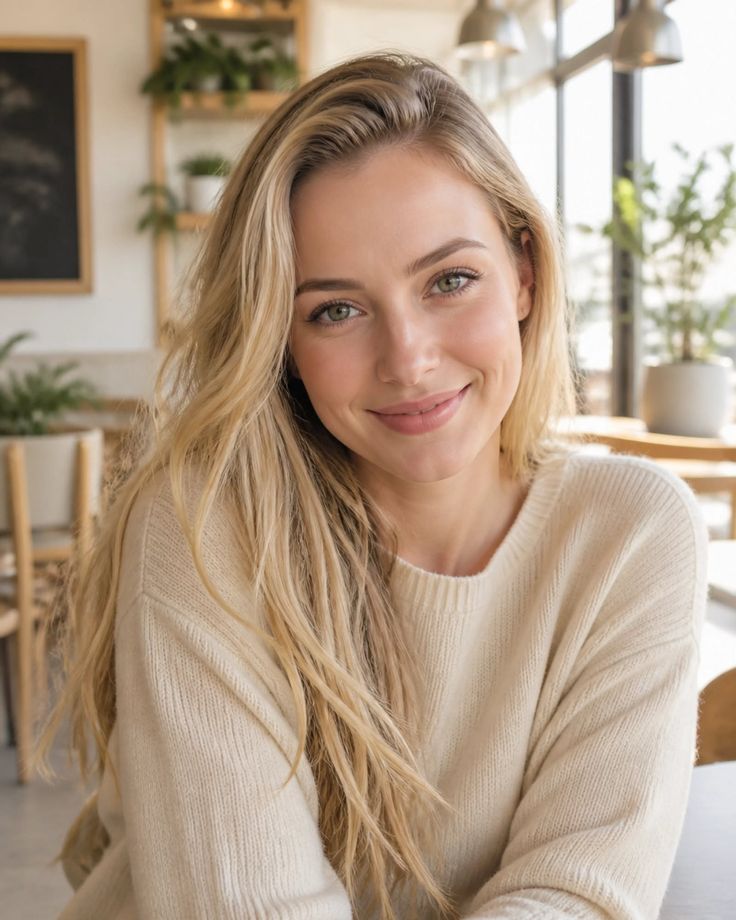 Blonde woman with long hair wearing a sweater, smiling indoors