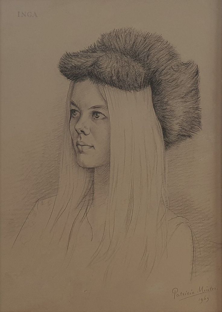 Pencil drawing of a woman with long hair and a fur hat looking to the left