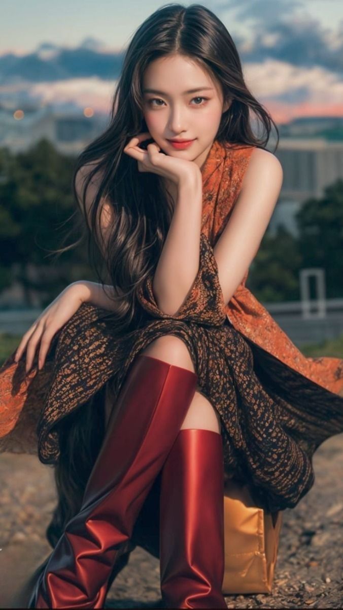 Woman with long hair and red boots sitting outdoors in a patterned dress