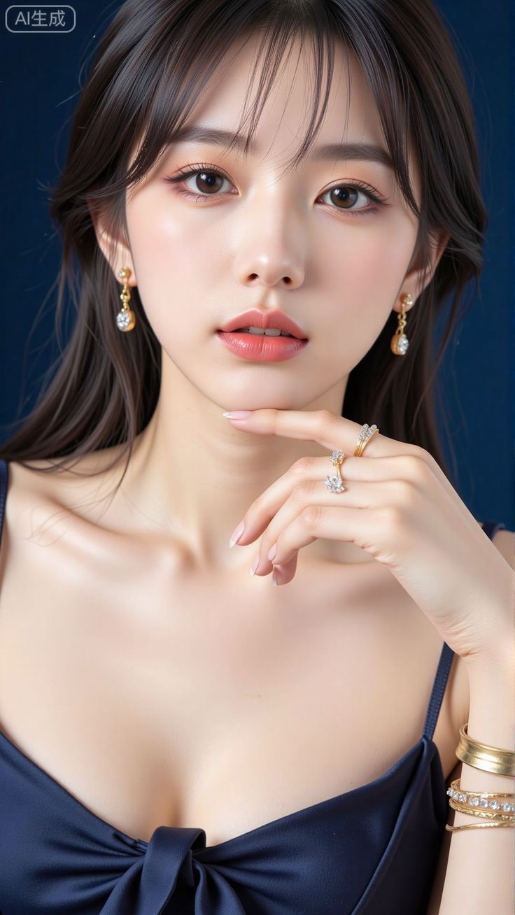 Woman with long dark hair and jewelry against a dark background