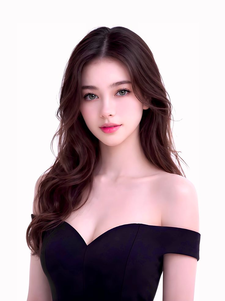 Woman with long brown hair wearing a black off-shoulder dress