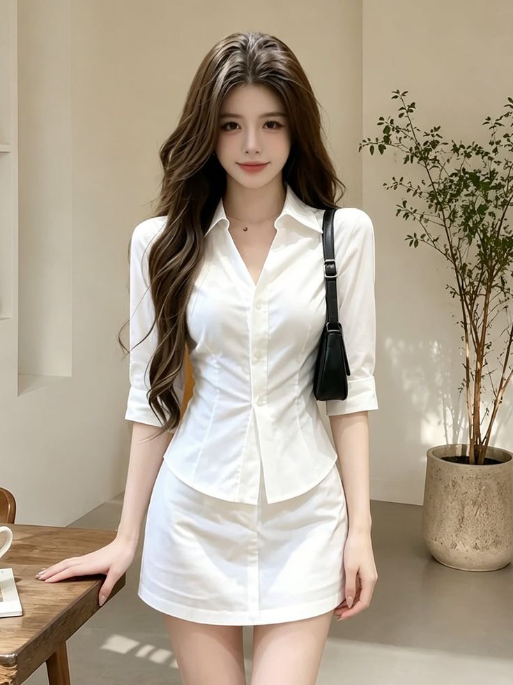 Woman with long hair wearing a white shirt and skirt, holding a black handbag