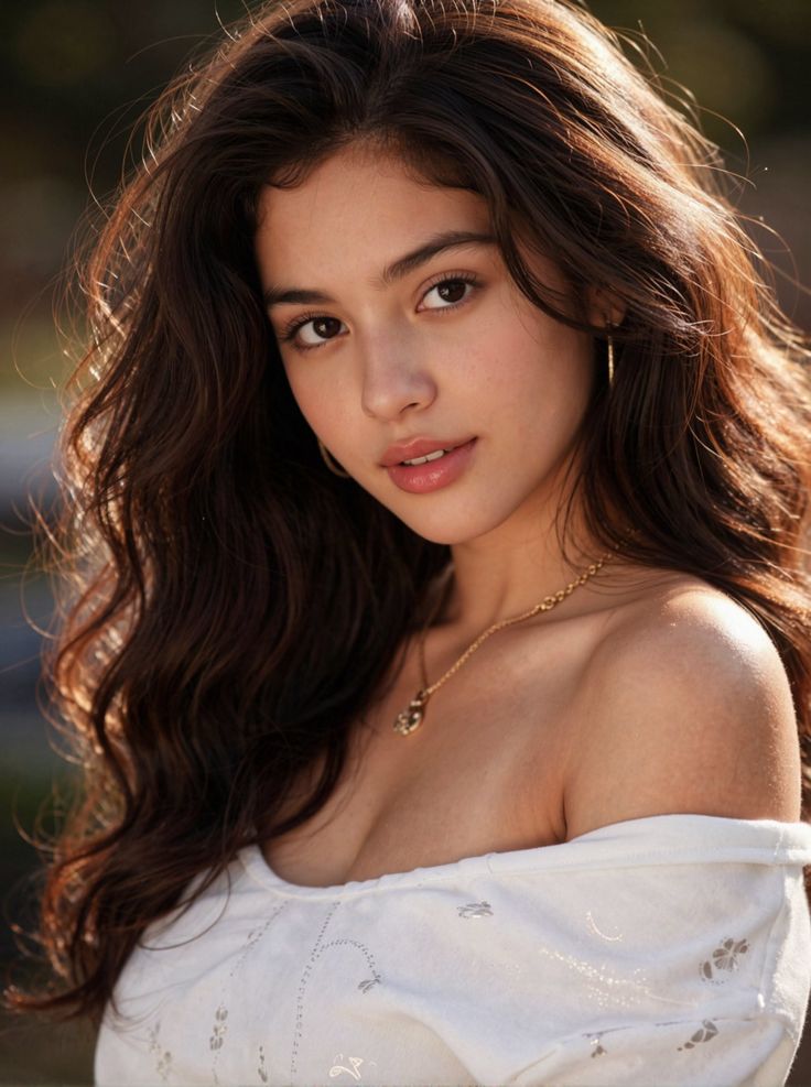 Woman with long wavy hair wearing an off-shoulder top and gold jewelry