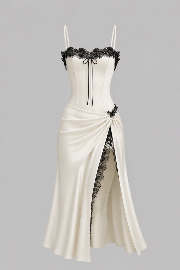 White dress with black lace details and a high slit
