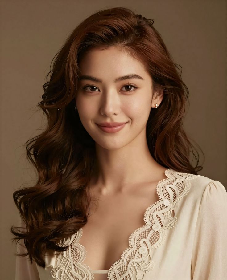 Woman with long wavy hair wearing a top with lace trim