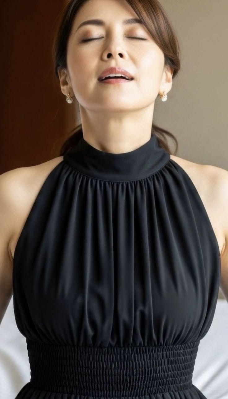 Woman in a black halter neck dress with closed eyes and a ponytail
