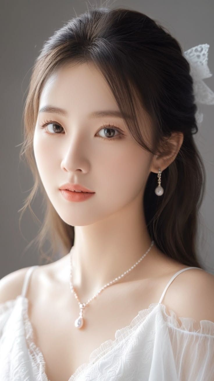Woman with long hair wearing a white dress and pearl jewelry