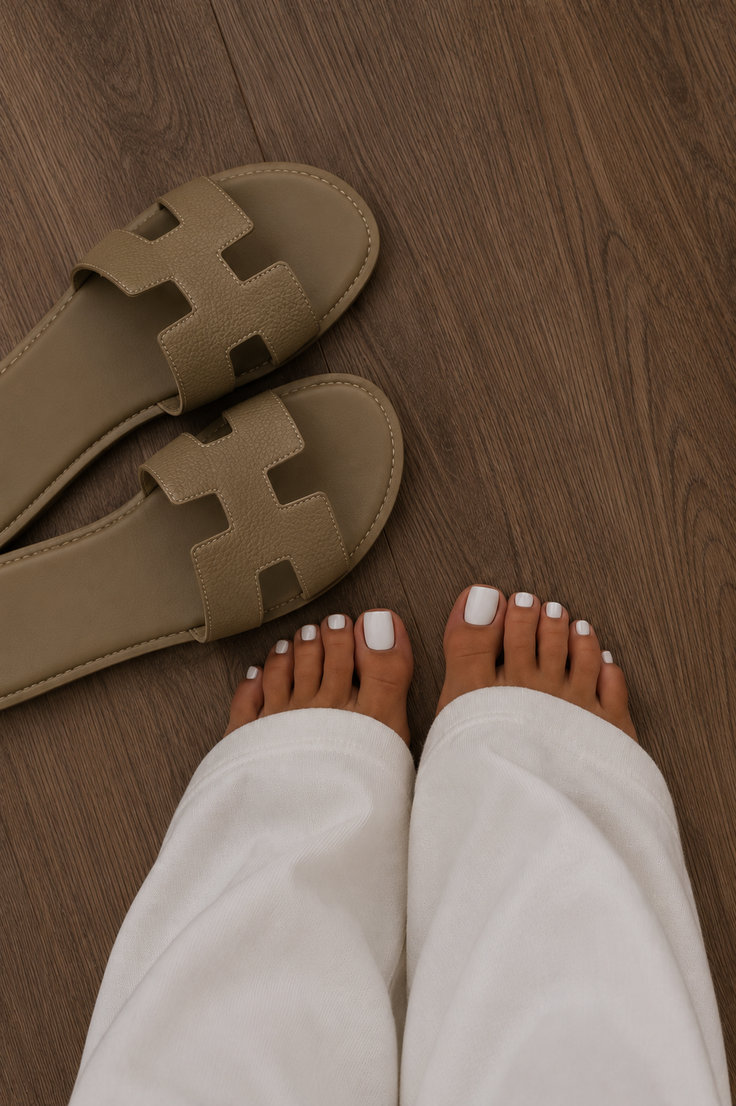 Feet with white pedicure next to sandals on a wooden floor