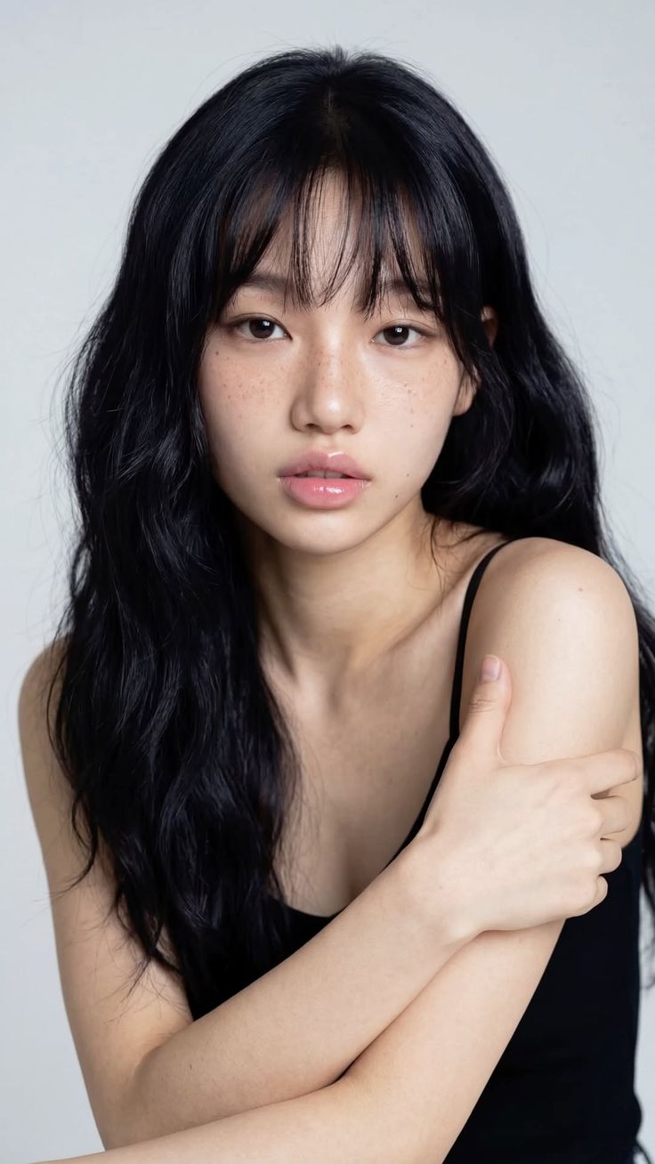 Woman with long black hair and freckles wearing a black tank top