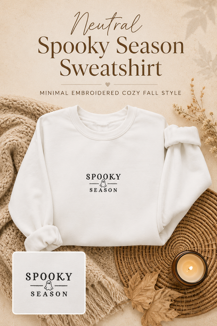 White sweatshirt with 'Spooky Season' text and ghost icon, surrounded by fall decor