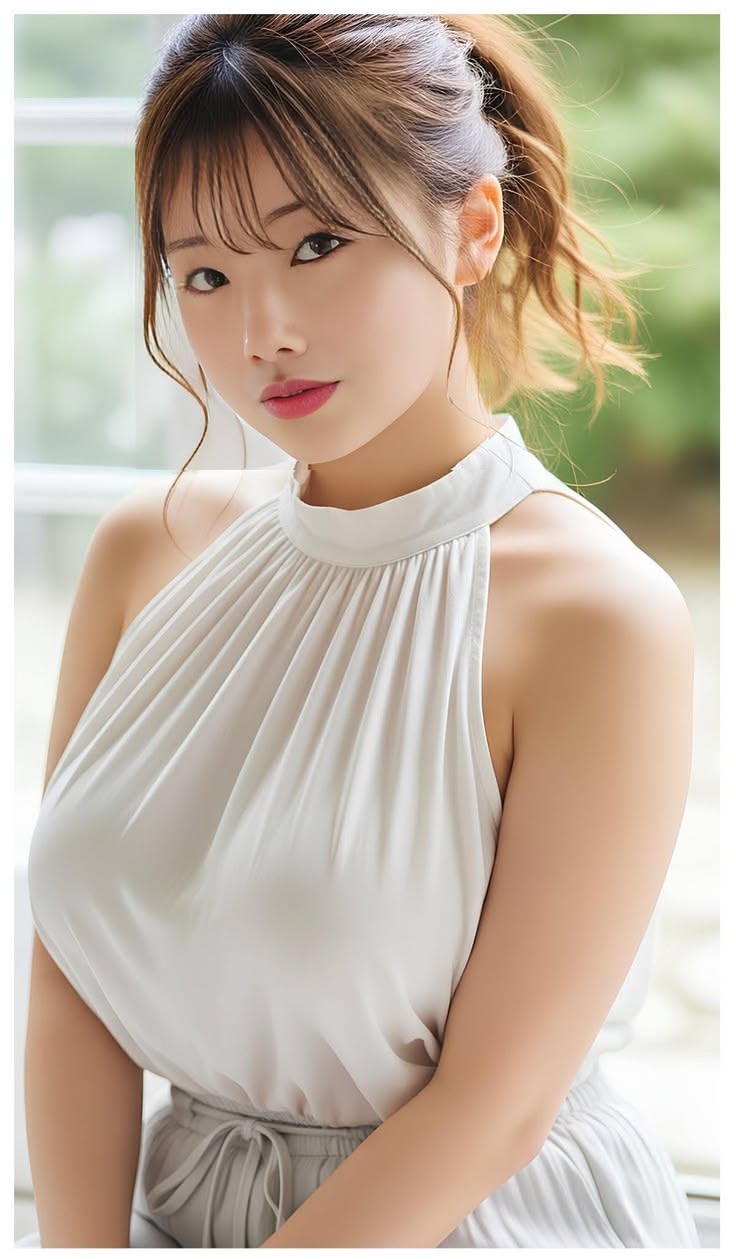 Woman with a ponytail wearing a white halter top, looking at the viewer