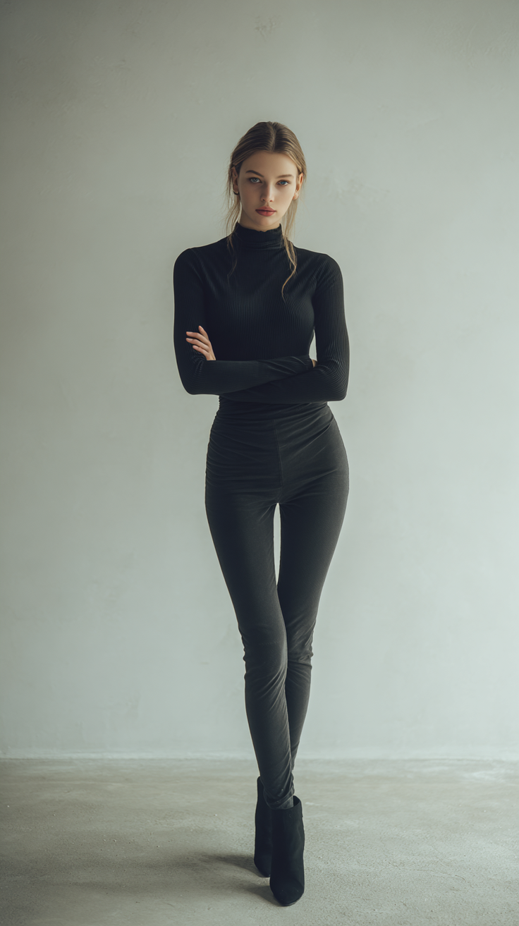 Woman in a black turtleneck and dark pants standing against a plain wall